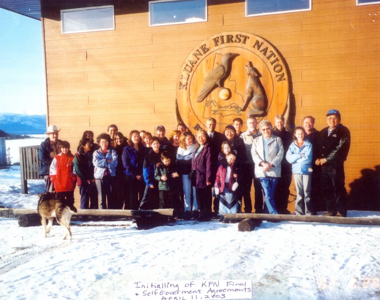 Kluane First Nation community members gathered in front of the KFN government building in Burwash Landing